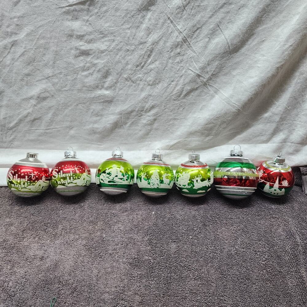 7 Radko Shiny Brite glass Christmas Ball ornaments 6 with flocked designs b34
